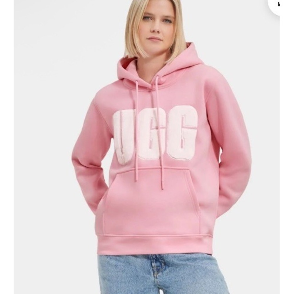 UGG Women's Pink Sherpa Logo Pullover Hoodie XXS Fleece Kangaroo Pocket Cozy